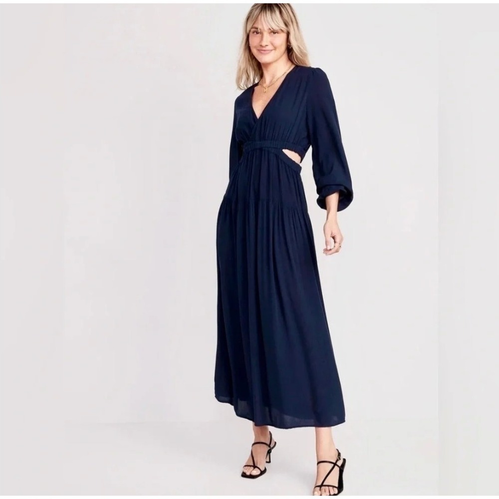 Old Navy Navy Blue Tiered Long Sleeve V-Neck Maxi Dress Medium Side Cut Outs NWT